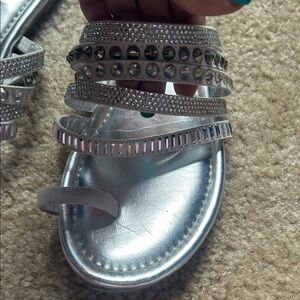 Jennifer Lopez Silver Slide Sandals with Embellished Bands